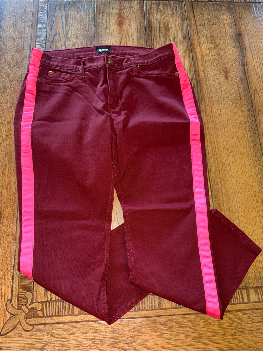 Hudson Jeans Lou Lou Tuxedo Maroon Skinny with Hot Pink Side Stripe